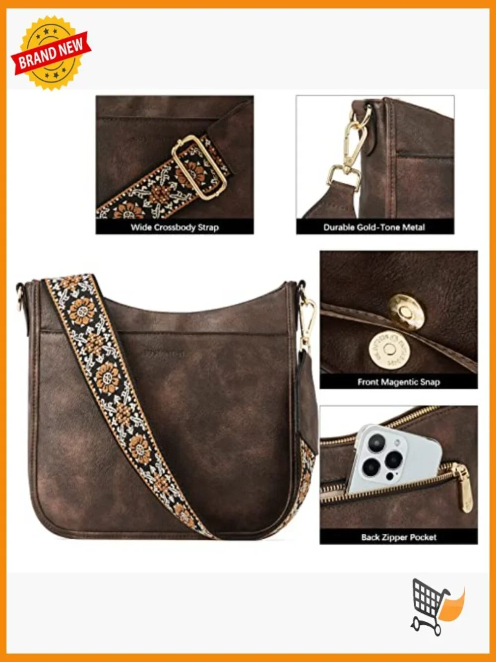 Vegan Leather Hobo Crossbody Purse with Wide Strap